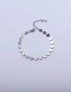 Detailed view of silver stainless steel sequin bracelet with adjustable clasp