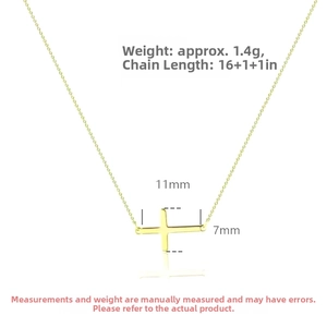 Detailed view of gold cross necklace with 1.4g weight and 16+1+1 inch adjustable chain