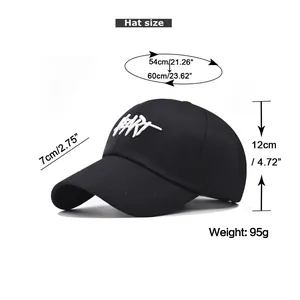 Size chart showing baseball cap dimensions including 54-60cm circumference and brim length