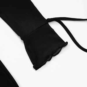 Detail of sheer black mesh bell sleeves with ruffled edges and drawstring ties