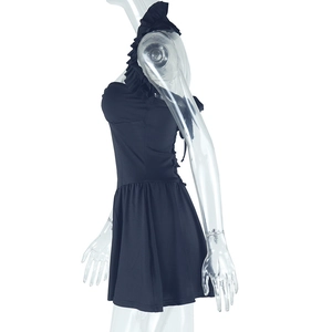 Detail of black slim fit dress featuring side drawstring and ruffled shoulder detail
