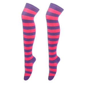Detail view of pink and purple striped over-knee socks with wide ribbed elastic cuffs