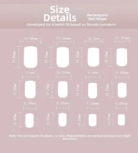 Size chart detail for square press-on nails set showing 12 different nail measurements