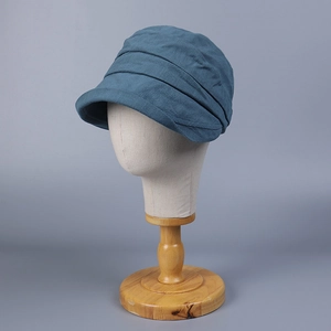 Minimalist morandi blue cotton linen short brim cap with elegant pleated texture