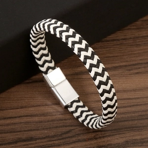 Classic black and white braided leather bracelet with a silver magnetic alloy buckle