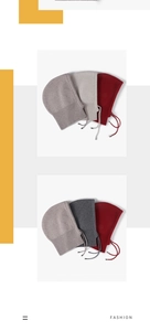 Close-up of winter knitted balaclavas with adjustable drawstrings in various colors
