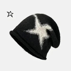 Stern Muster Strickmütze Beanie Wintermütze Rollrand Warm Mohair Ähnliche Plüsch Textur Kopfbedeckung
