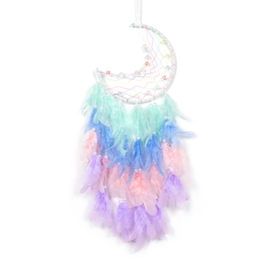 Handmade crescent moon dream catcher with colorful gradient feathers and beads wall decor