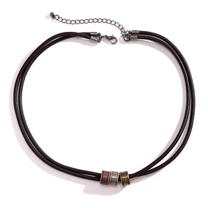 Double-layered leather cord necklace for men featuring three textured metallic beads