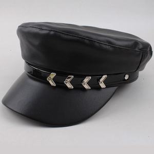 Close-up of black PU leather military cap featuring a silver arrow metal buckle detail