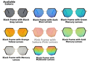 Vue détaillée de 8 lunettes de soleil hexagonales avec verres colorés et dégradés