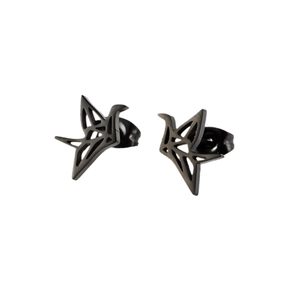 Minimalist black stainless steel origami crane stud earrings for women in modern style