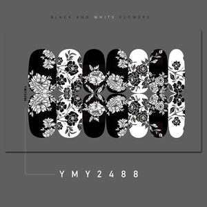Detail of black and white peony flower nail stickers with 14 pieces on dark background