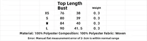 Detailed size chart for the denim tube top showing bust and length measurements