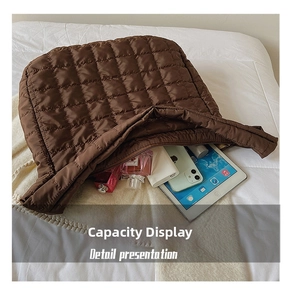 Quilted space cotton bag showing large capacity with tablet and daily essentials
