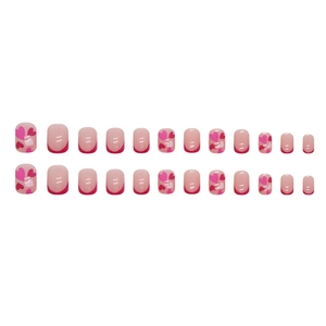 Short rose pink French press-on nails with sweet heart patterns and red tip design
