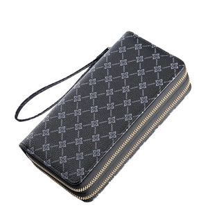 Black long leather clutch wallet with four-leaf clover print and double zipper closure