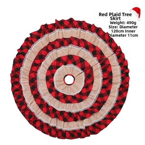 Detail of red and black plaid Christmas tree skirt with layered lace trim, 120cm diameter