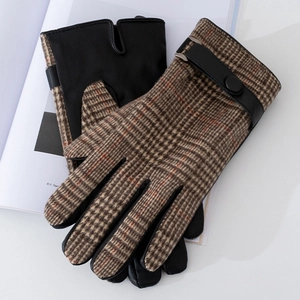 Men Winter Gloves Woolen Plaid PU Leather Touch Screen Warm Fleece Lined Business Casual British Style Windproof