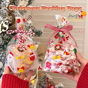 Christmas transparent gift bags with Santa patterns and red ribbons for candies