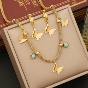 Butterfly Jewelry Set Stainless Steel Mesh Chain Necklace Earrings Bracelet Turquoise Gold Plated Fashion Women