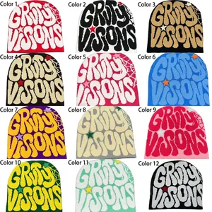 Grid display of 12 vibrant color options for Y2K graffiti knit beanies with letter jacquard