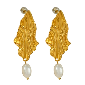 Elegant gold diamond leaf earrings with white pearls, minimalist french style jewelry
