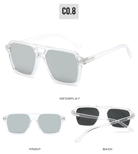 Detailed multi-angle views of square double-bridge sunglasses with silver mirrored lenses