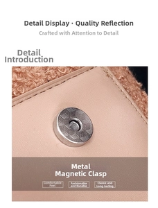 Detailed macro view of the metal magnetic clasp and pink leather on the plush shoulder bag
