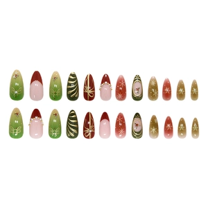 Set unghie finte natalizie con fiocchi di neve e perle in rosso, verde e oro