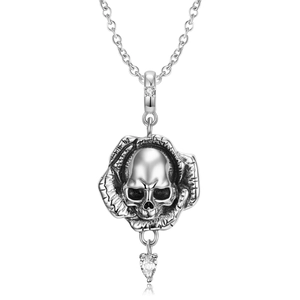 Gothic sterling silver skull pendant necklace with sparkling cubic zirconia crystals