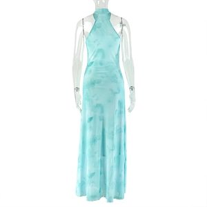 Detail of light blue tie-dye halter neck maxi dress with semi-sheer mesh back view