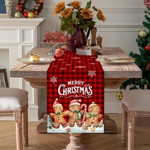 Christmas Table Runner Polyester Buffalo Plaid Gingerbread Man Snowflake Festive Holiday Dining Room Table Decoration