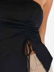 Black Y2K tube top with drawstring ruching and side slit detail in high-quality fabric
