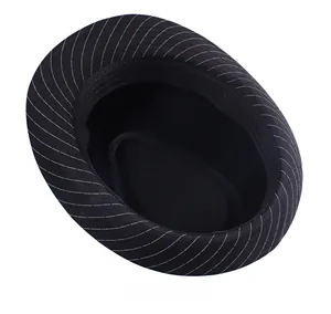 Macro view of black pinstripe jazz hat showing interior sweatband and lining construction