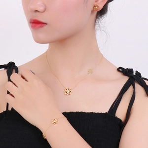 Close-up of golden daisy flower jewelry set with sparkling rhinestones on a female model