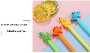 Colorful cartoon dinosaur gel pens in green, orange, yellow and blue for school students