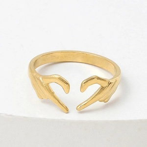 Golden heart gesture open ring in polished stainless steel for couples on white background