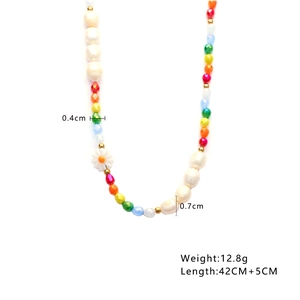 Detail view of colorful beaded necklace with pearls, daisy charm and measurement specs