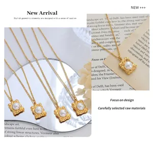 Detail of gold square textured pendant with centered pearl on minimalist necklace