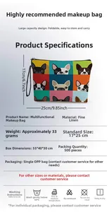 Detail view of linen makeup bag with French bulldog print showing 17x25cm dimensions