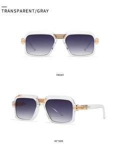 Front and side view of transparent square frame sunglasses with grey gradient lenses
