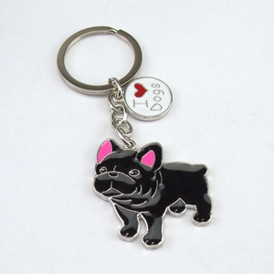 Silver keyring with heart tag and black enamel French Bulldog charm pendant