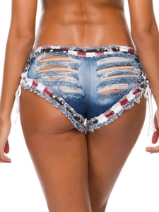 Pantaloncini di Jeans Strappati a Vita Bassa Donna Bandiera Americana Stringati Hot Pants Micro Shorts per Club Party