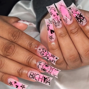 Pink Gradient Coffin Press On Nails Street Style Graffiti Heart Star Design Long Plastic Fake Nails For Women Girls