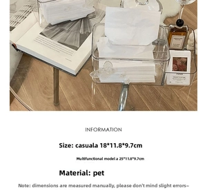 Detailed size specifications for creative clear PET tissue box with side compartments