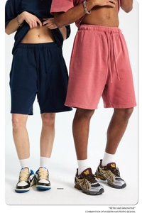 Detail view of retro 420g cotton shorts in dark blue and grey-pink with drawstring waist