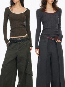 Slim fit cable knit long sleeve sweater with contrast round neck and retro street style