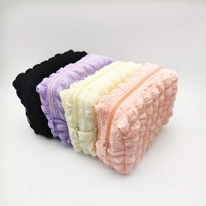 Bubble Texture Makeup Bag Puffy Cosmetic Organizer Travel Portable Zippered Polyester Solid Color Pouch