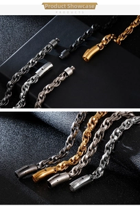 Detailed close-up of retro stainless steel link chains in silver, gold, and black finishes